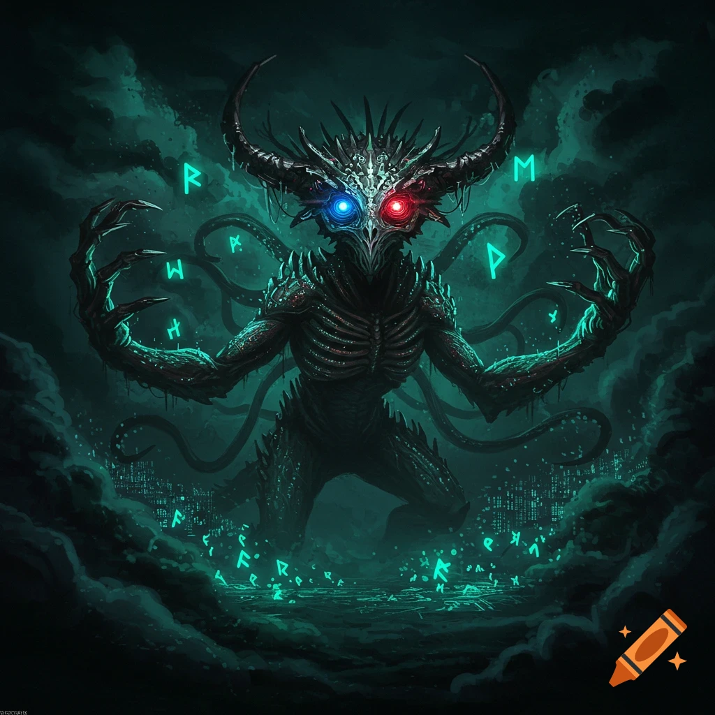 A dark fantasy image of a horned, monstrous creature with glowing red and blue eyes, surrounded by floating green runes, over a dark cityscape.