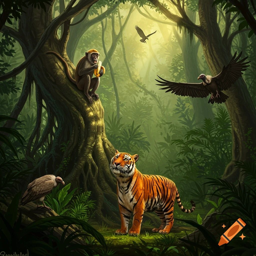 An illustration of a monkey eating a banana in a tree, a tiger, and two vultures in a lush, sunlit jungle.