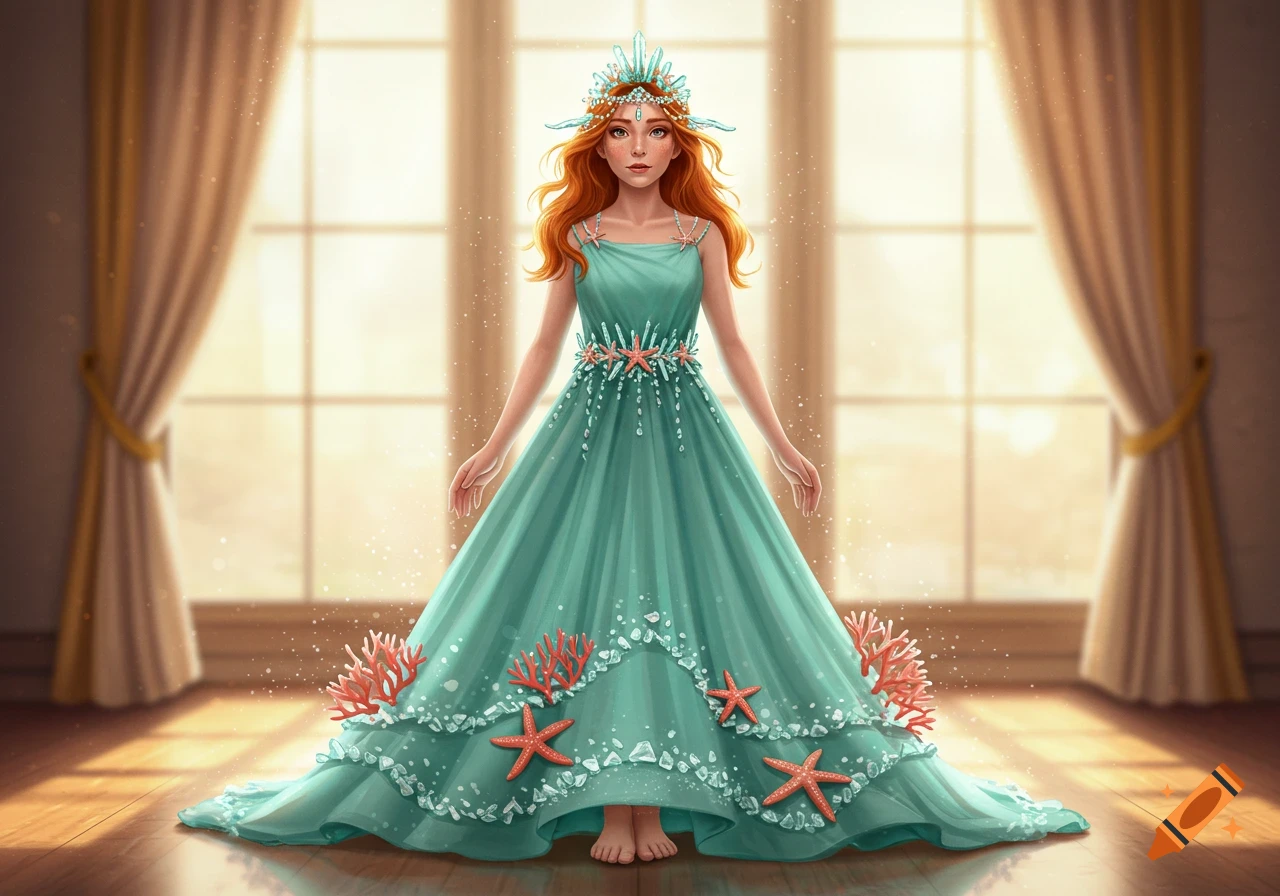 Illustration of a red-haired girl in a seafoam green fantasy dress decorated with starfish and coral, standing by a sunlit ballroom window.