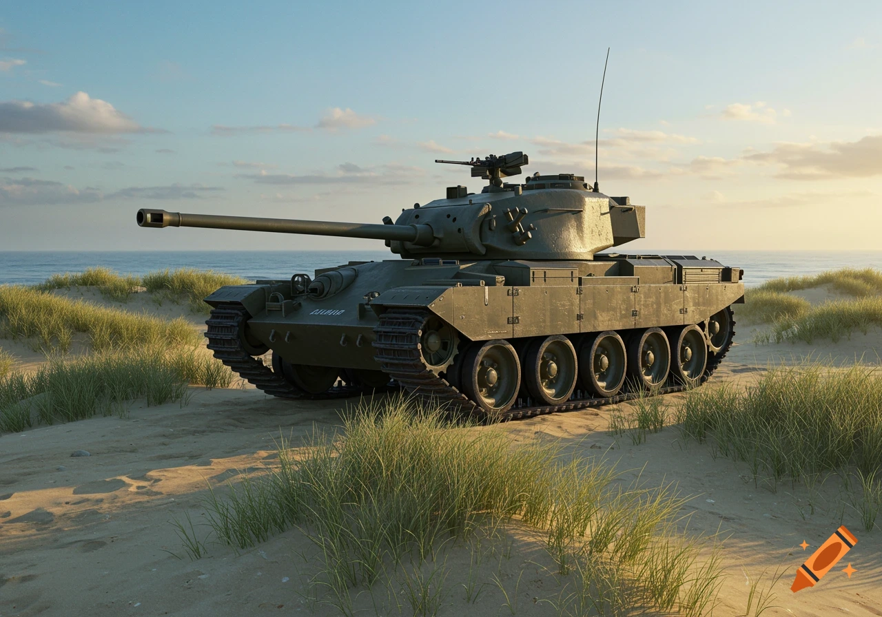 A modern green tank with a long barrel sits on a sandy beach with sparse green grass, facing the ocean under a clear sky.