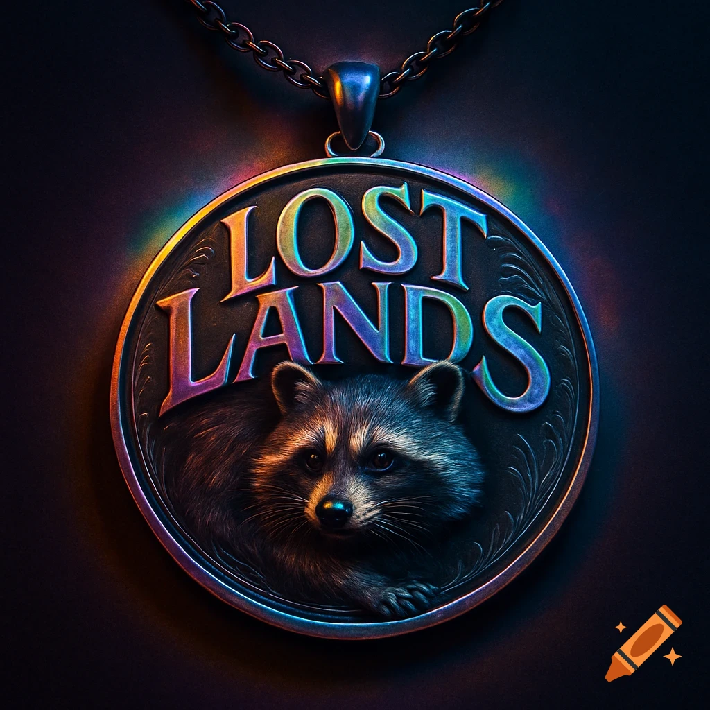 A metallic rainbow-colored pendant with the words 'LOST LANDS' and a raccoon's face on it, hanging from a chain.