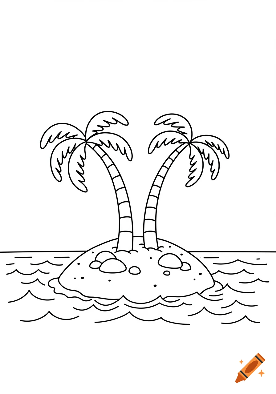 A black and white outline cartoon drawing of a desert island with two palm trees and rocks surrounded by lapping ocean water.