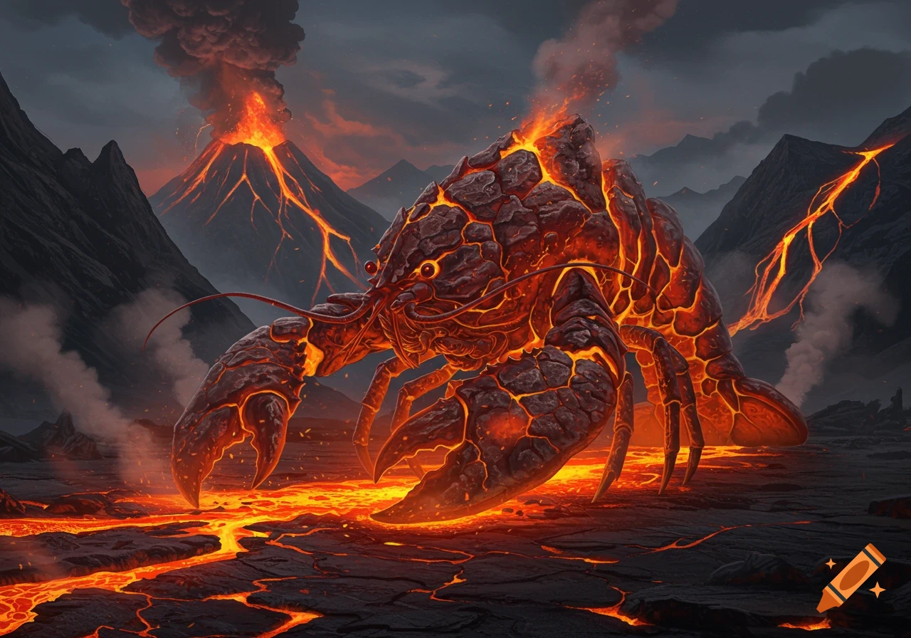 A giant lobster made of glowing lava and dark rock stands on a volcanic landscape with erupting volcanoes in the background, in a digital painting style.