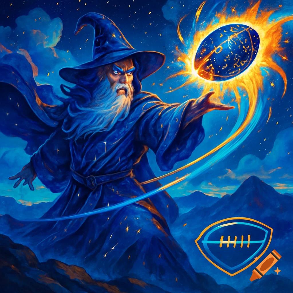 A powerful wizard in a blue robe casts a spell, conjuring a glowing American football under a starry night sky with mountains. A football logo is in the foreground.