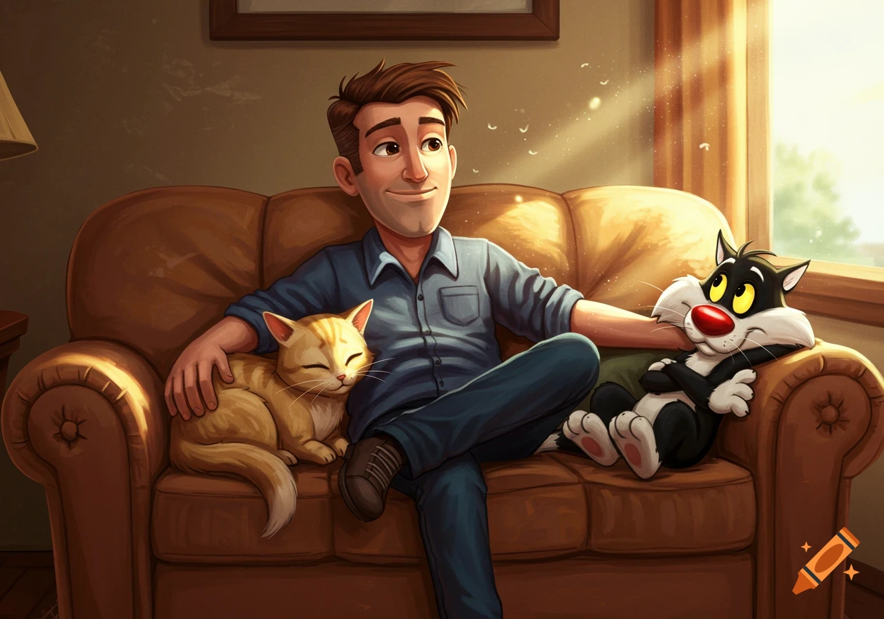 A cartoon man sits on a brown couch with an orange tabby cat and Sylvester the Cat, bathed in sunlight.