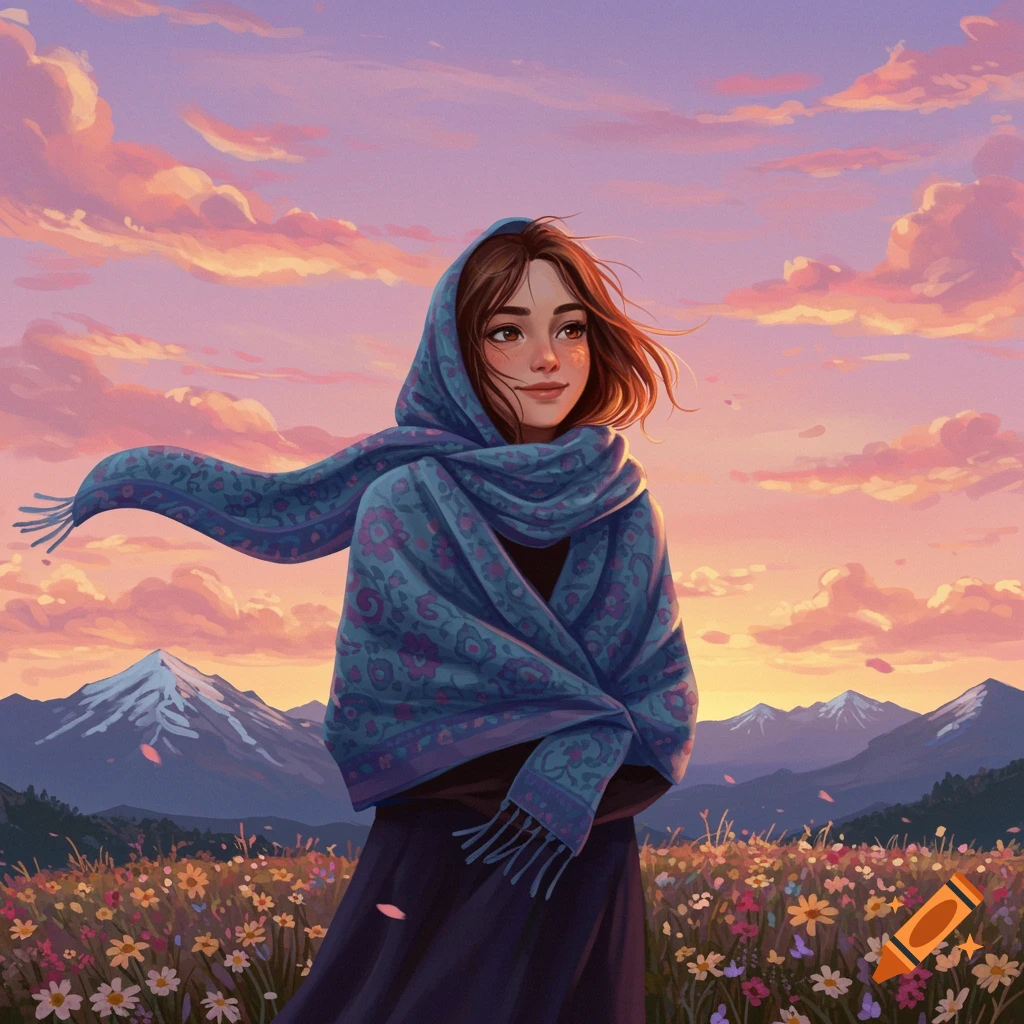 An illustration of a young woman with a blue scarf standing in a field of flowers with mountains and a sunset sky.