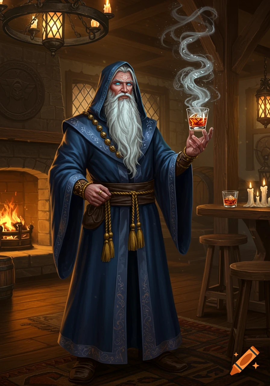 A white-bearded wizard in a blue robe holds a glass of smoking whiskey in a cozy tavern, digital painting.
