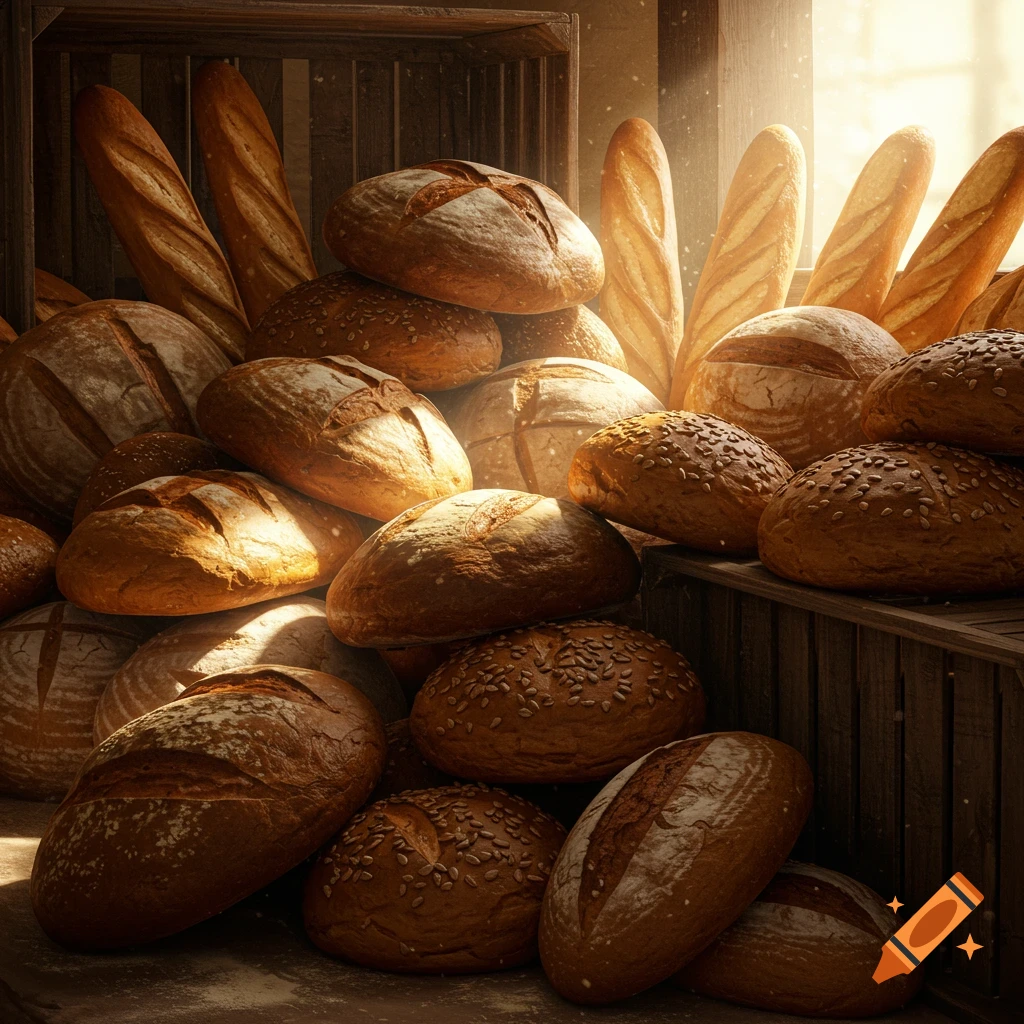A large, photorealistic pile of assorted loaves of bread, including baguettes and round loaves, bathed in warm sunlight.