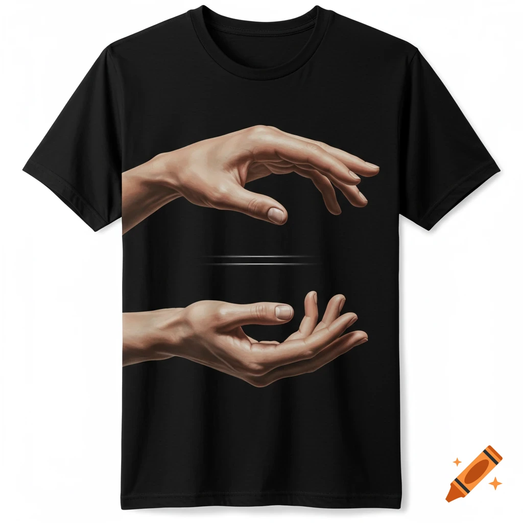 Two realistic human hands, one above the other with palms facing each other, on a black t-shirt. The top hand is open, and the bottom hand is cupped.