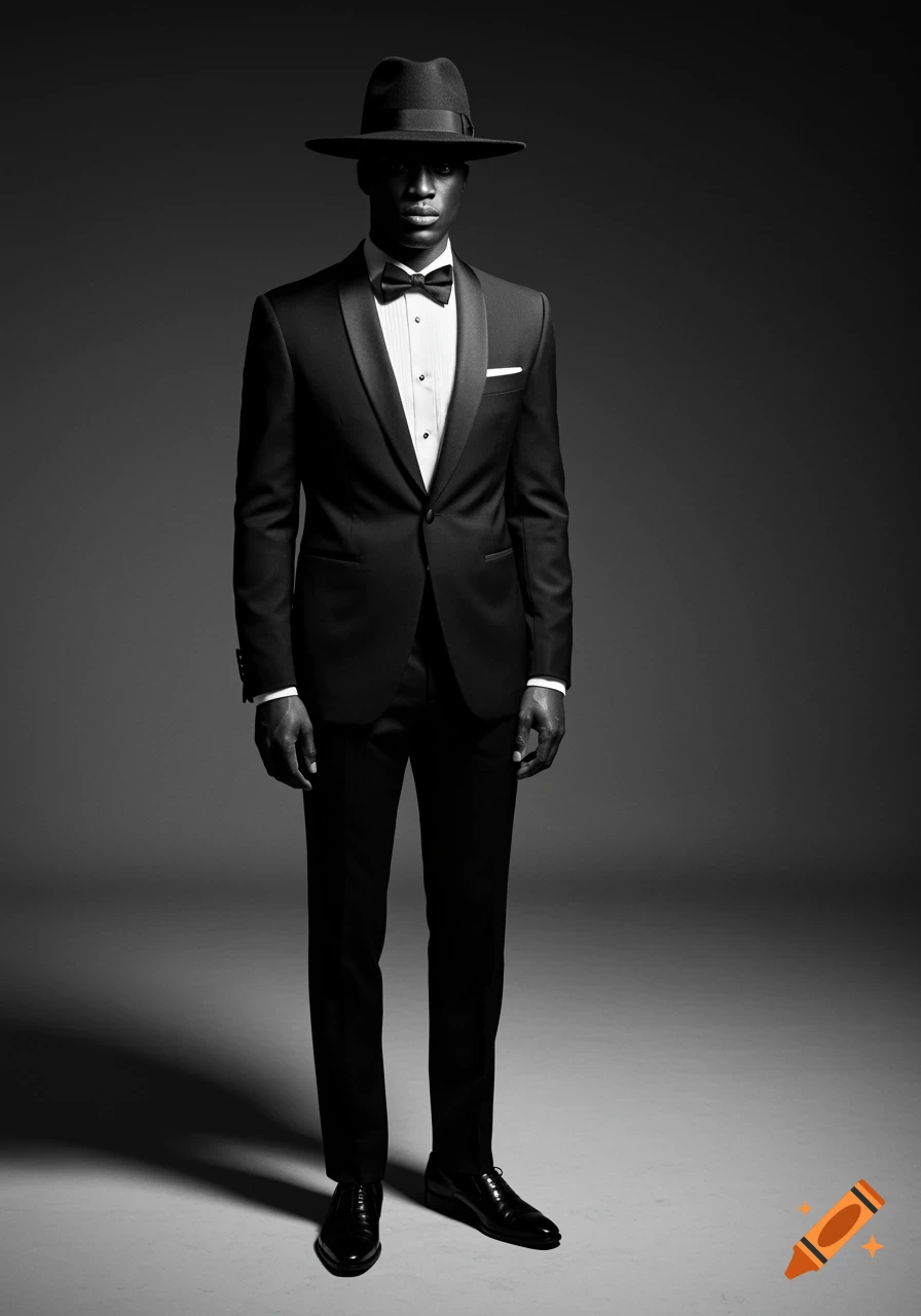 A black and white photorealistic full-body portrait of a man in a black tuxedo, bow tie, and fedora hat, standing in a studio.
