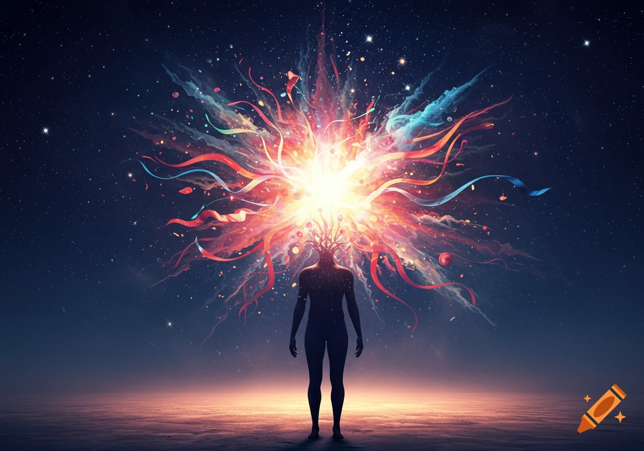 Abstract silhouette of a person with their head exploding into a vibrant burst of light and colorful ribbons against a starry night sky.