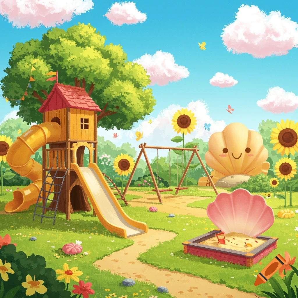 A vibrant cartoon playground scene with a treehouse, yellow slides, swings, sunflowers, and a large smiling seashell under a bright blue sky.