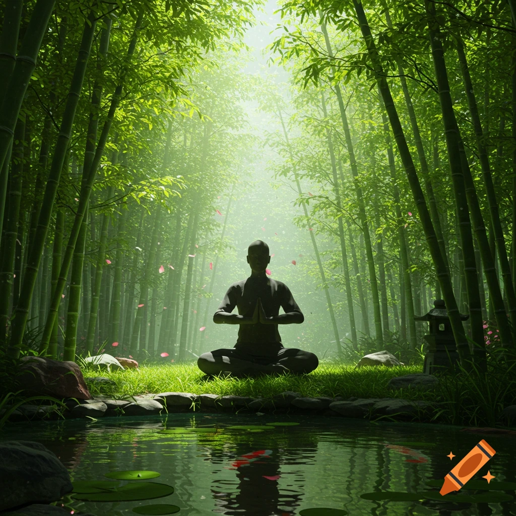 A silhouetted figure meditates in a serene bamboo forest with sunlight, beside a pond with lily pads and scattered petals.