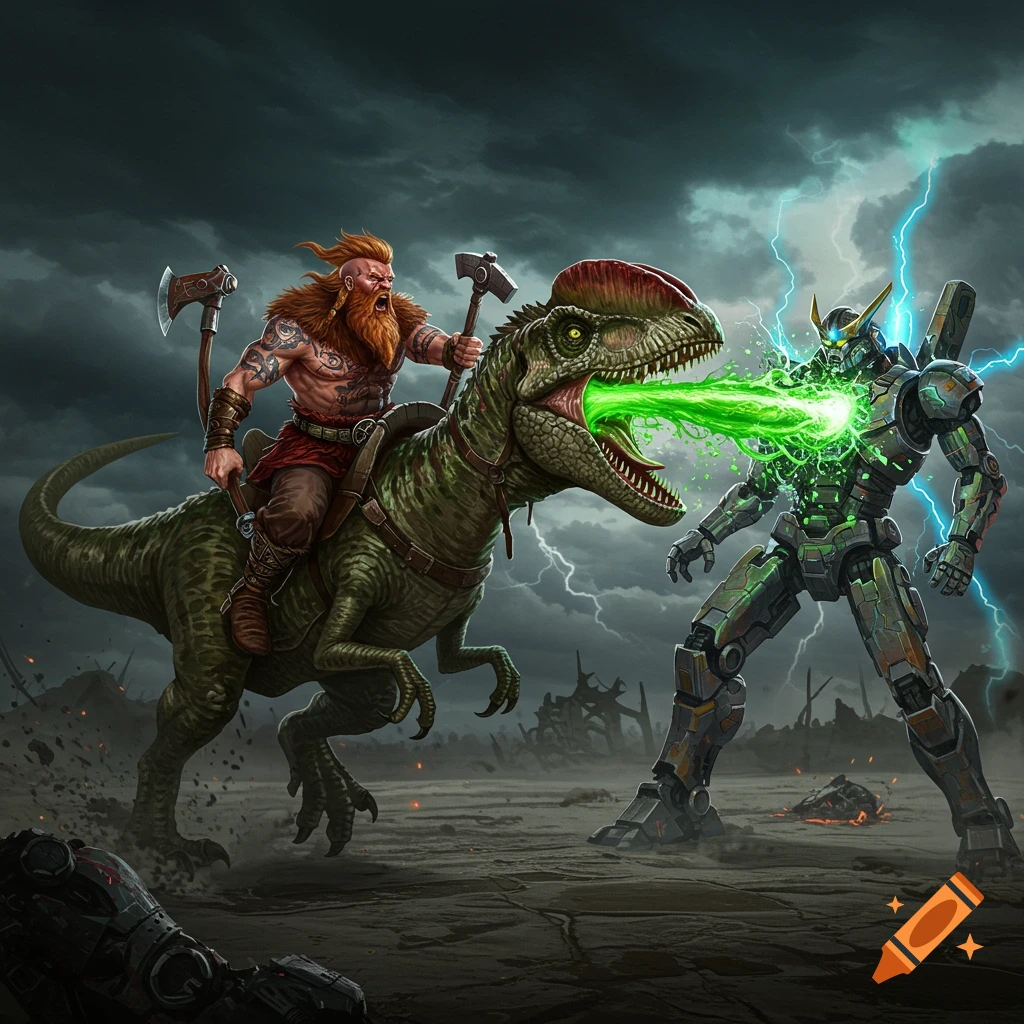 A bearded Viking riding a Dilophosaurus battles a robot, with the dinosaur spitting a green energy beam. Stormy sky background.