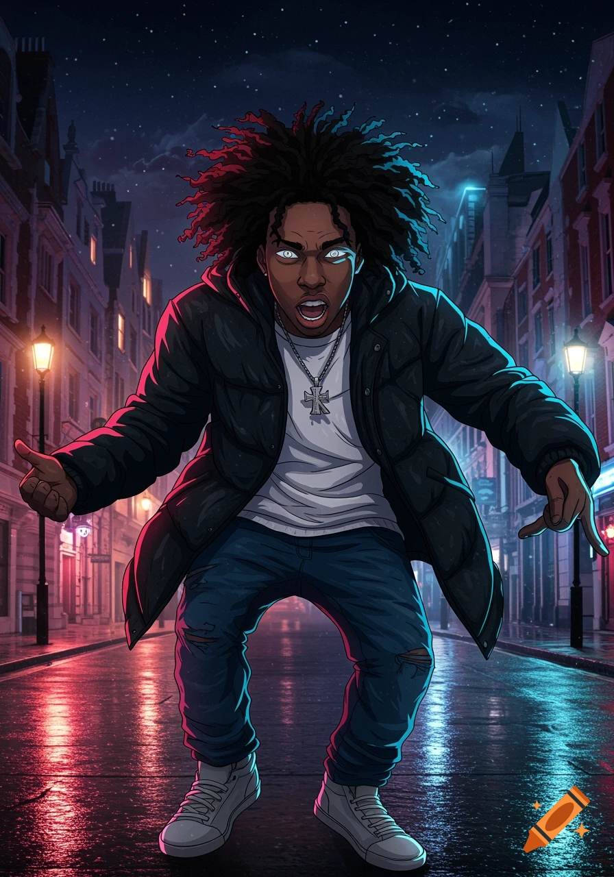 Anime-style Black man with glowing eyes, dreadlocks, and a puffer jacket, posing on a wet London street at night with neon reflections.