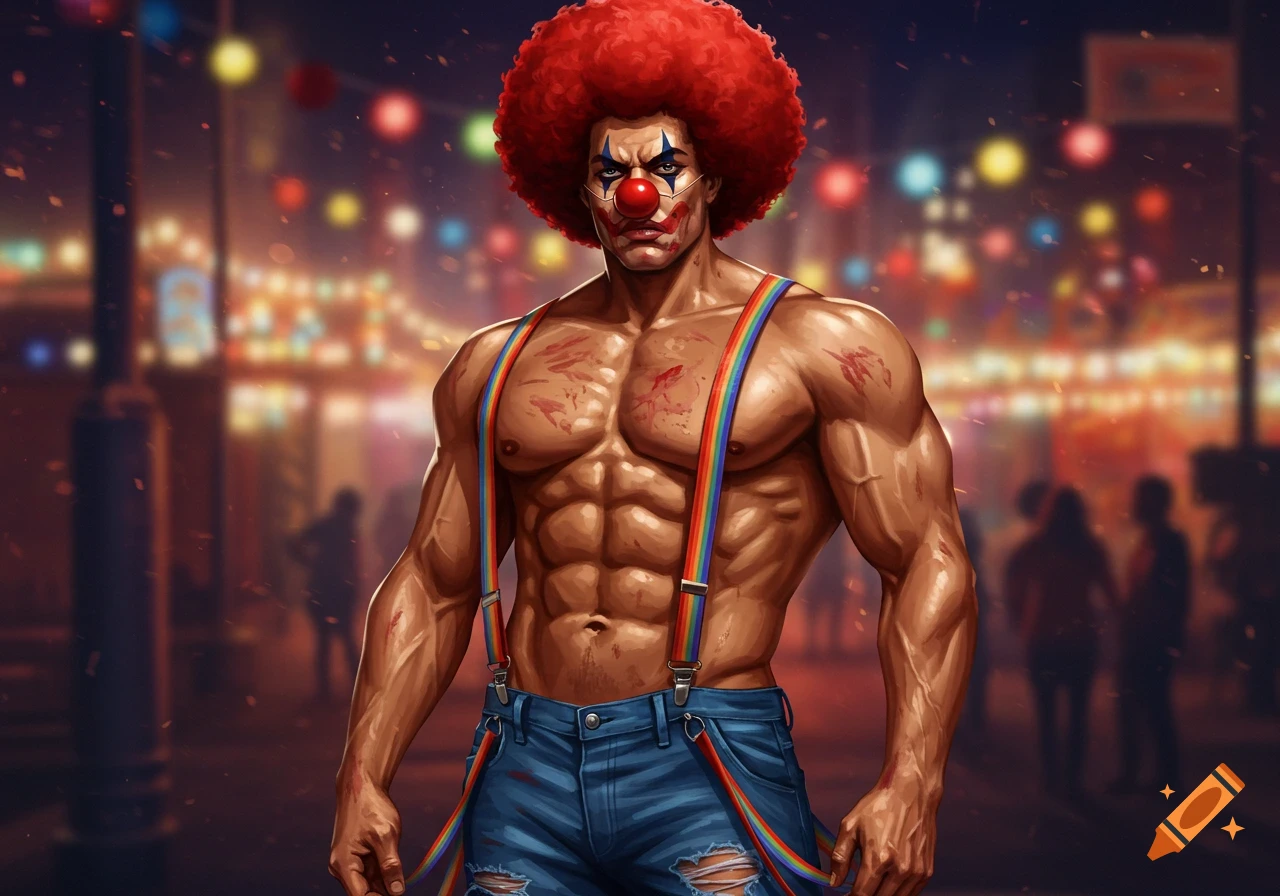 Buff anime man with red afro and clown makeup, wearing rainbow suspenders and ripped jeans, standing at a carnival.