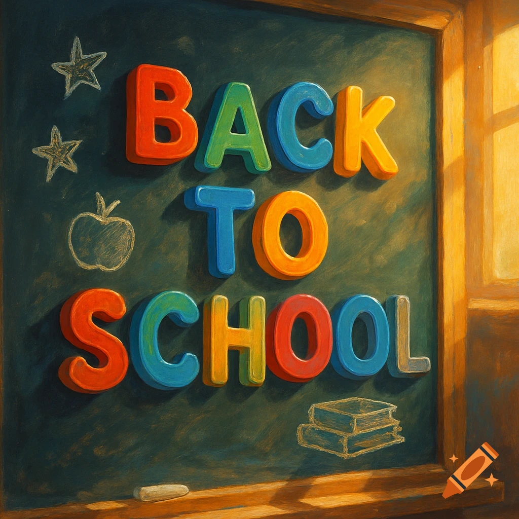 Colorful 3D letters spelling 'BACK TO SCHOOL' on a dark chalkboard with chalk drawings.