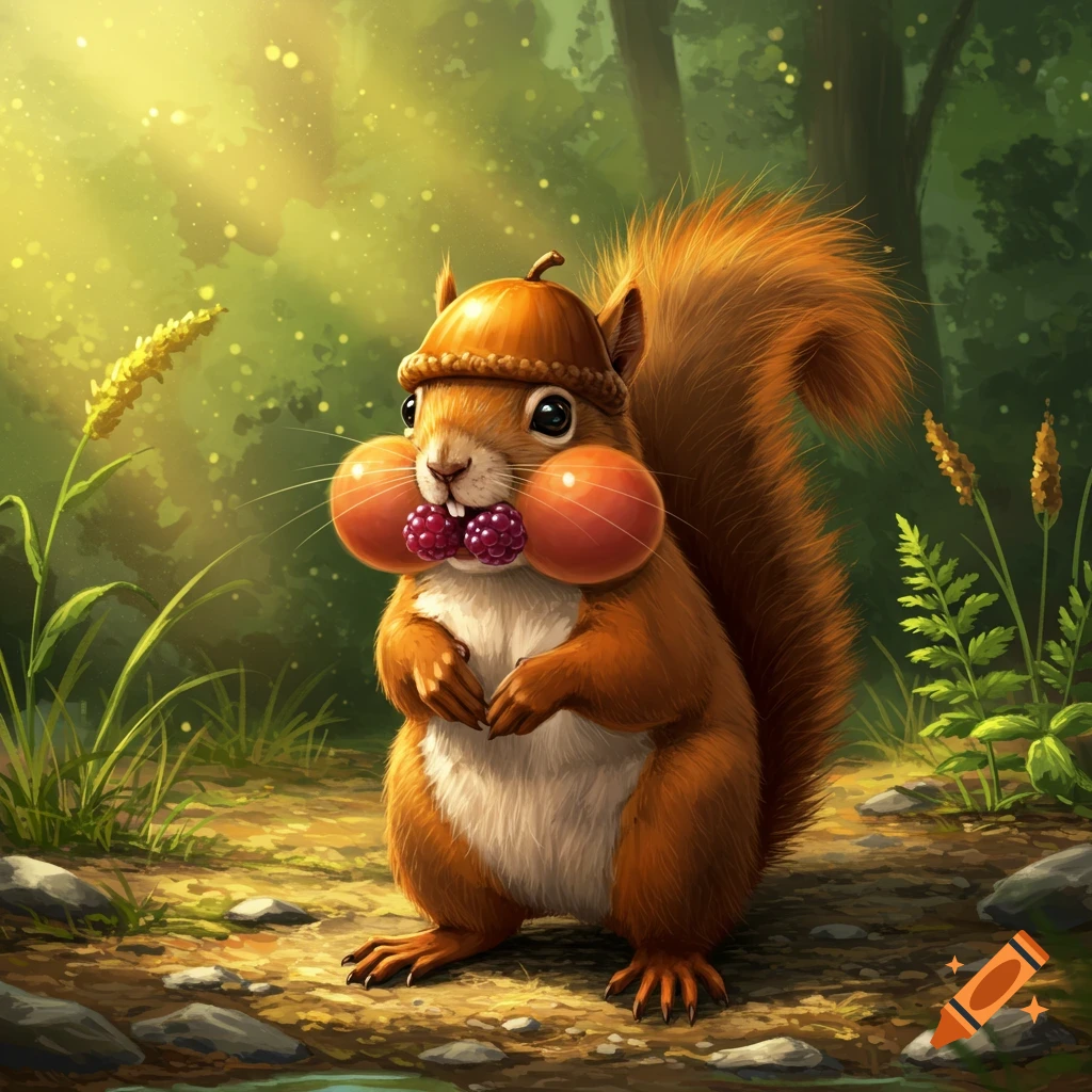 A cute squirrel wearing an acorn helmet stands in a forest, with its cheeks comically stuffed with large berries.