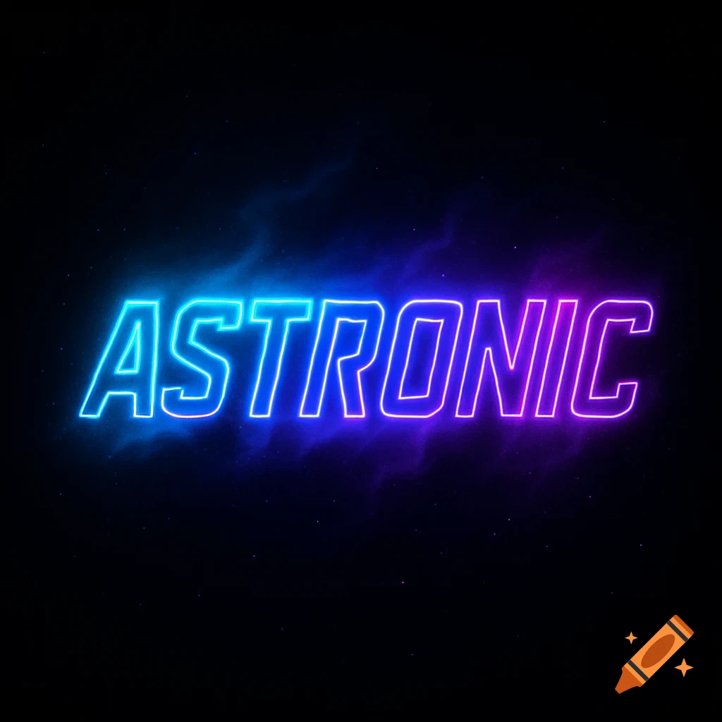 Neon word ASTRONIC with a blue to purple gradient against a dark, star-like background.