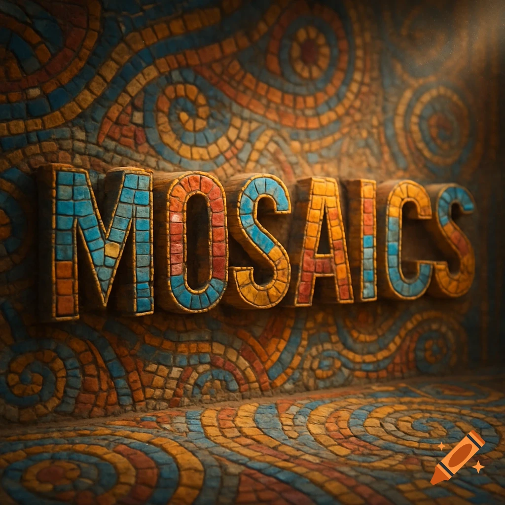 The word MOSAICS in raised, colorful mosaic tiles against a detailed mosaic background.