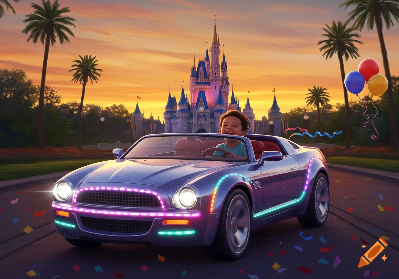 A happy child drives a futuristic purple convertible with neon lights past a fairytale castle at sunset, with palm trees and colorful confetti.