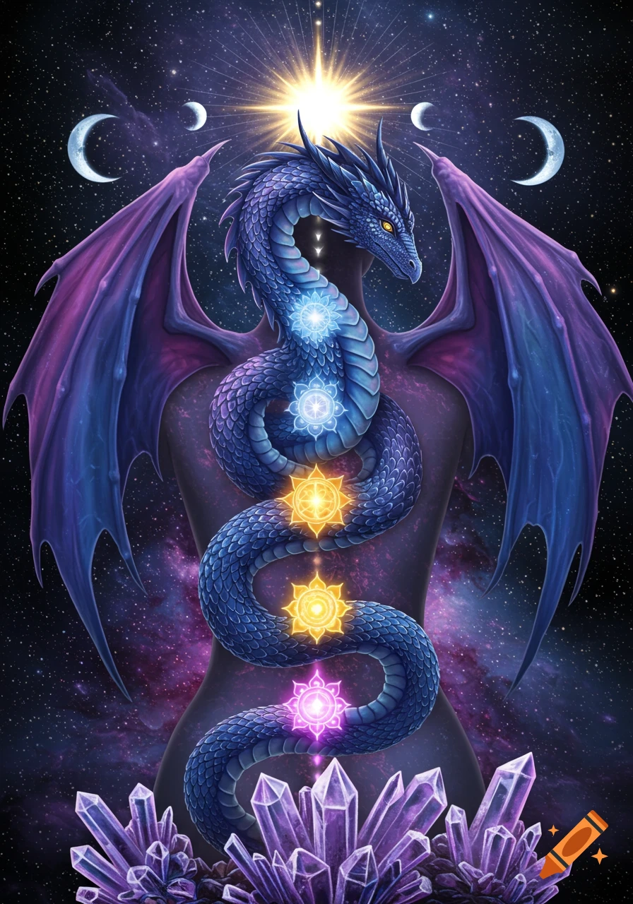 A vibrant blue dragon with purple wings, adorned with glowing chakra symbols, coils around a dark silhouette against a starry cosmic background with moons and a sunburst, surrounded by purple crystals.