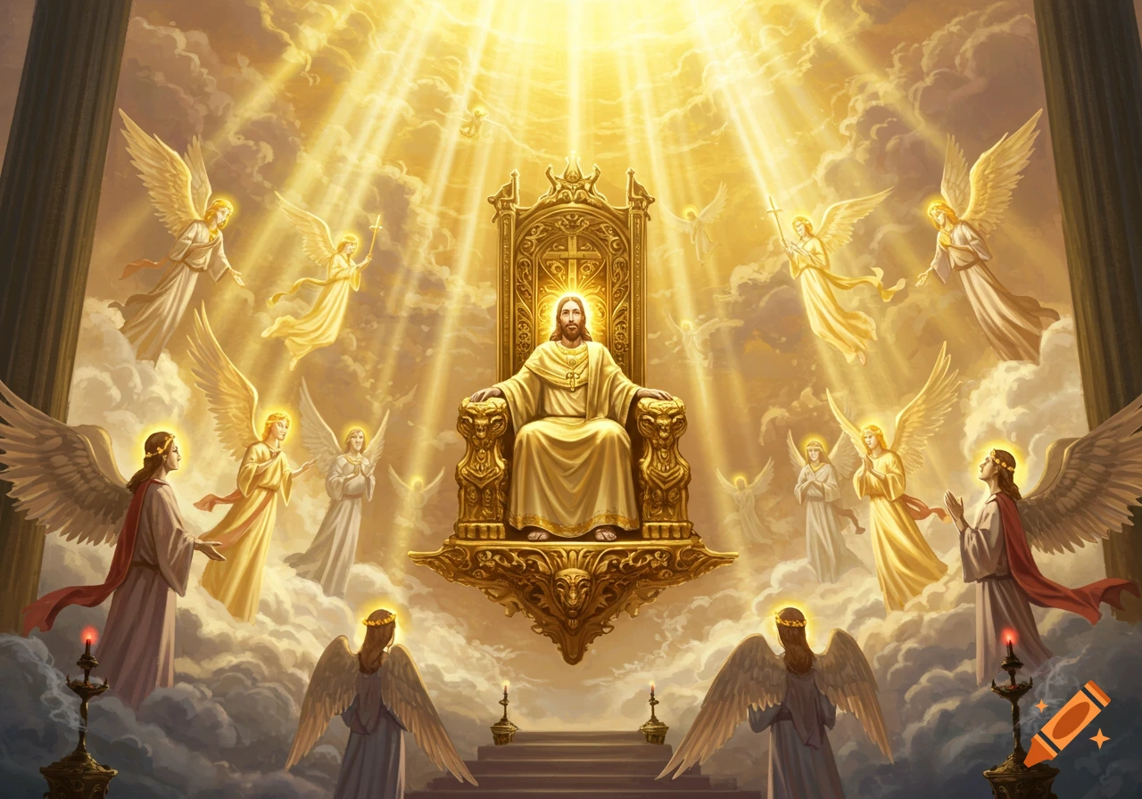 Jesus seated on a golden throne in heaven, surrounded by glowing angels amidst golden light rays and clouds, in a majestic fantasy art style.