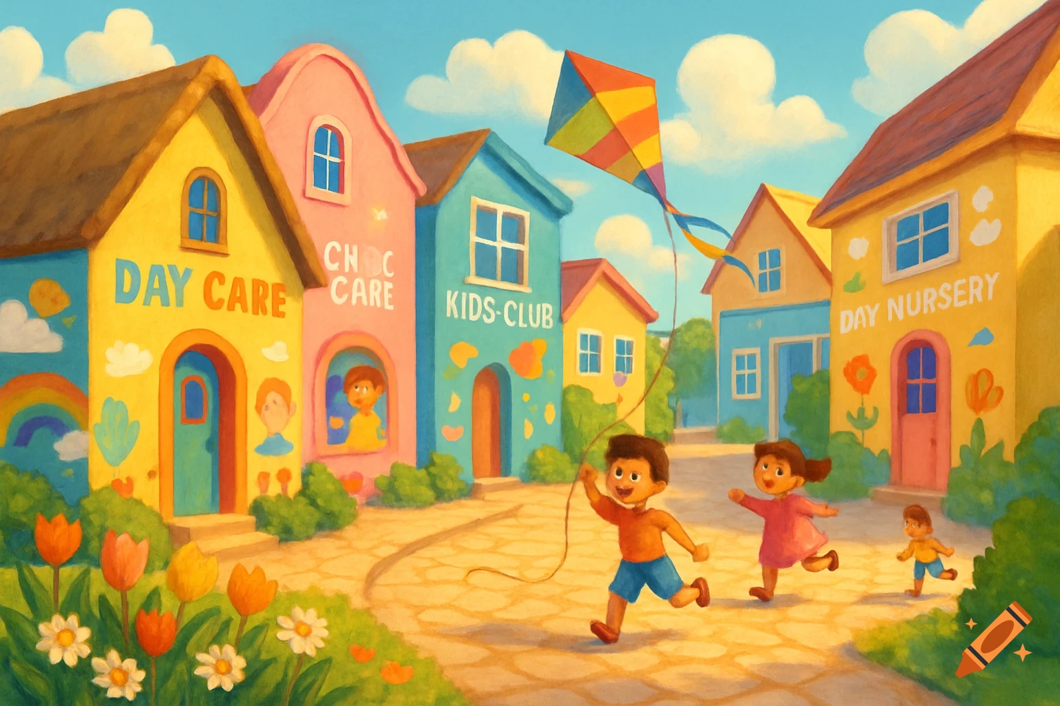 Vibrant oil painting of children playing in front of colorful daycare buildings with a kite flying.