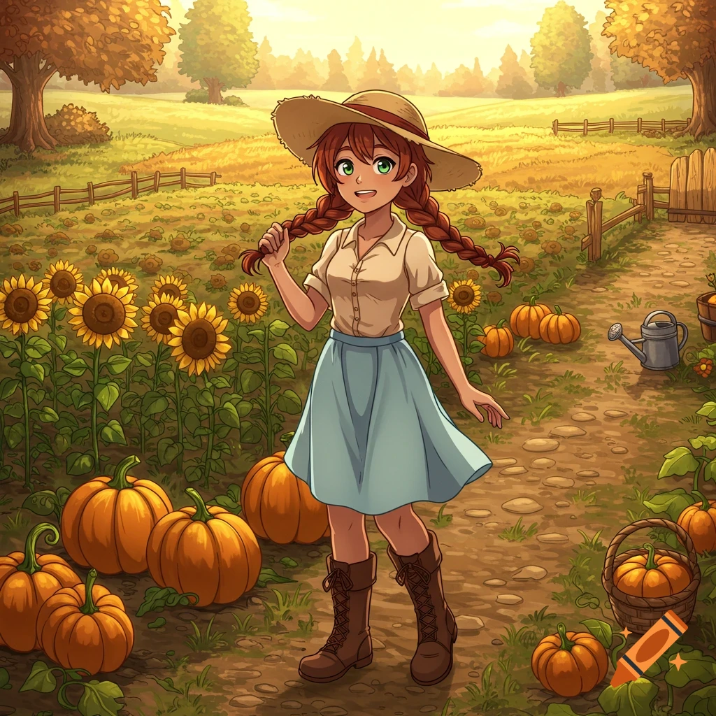 A cheerful anime farmer with braided red hair and a straw hat stands in a pumpkin and sunflower field.