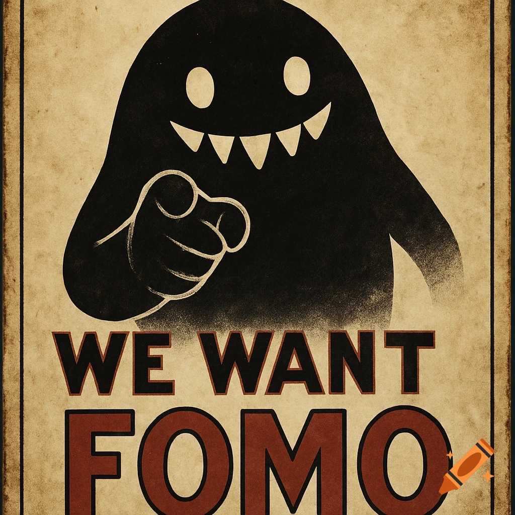 Vintage poster with Black Spirit character pointing, text reads 'WE WANT FOMO'.