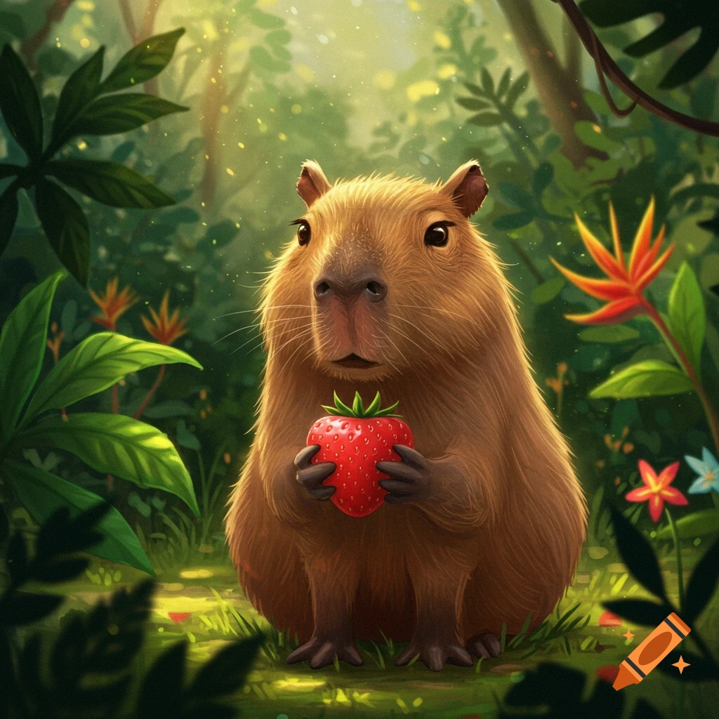 A cute, furry capybara sitting in a lush jungle, holding a bright red strawberry.