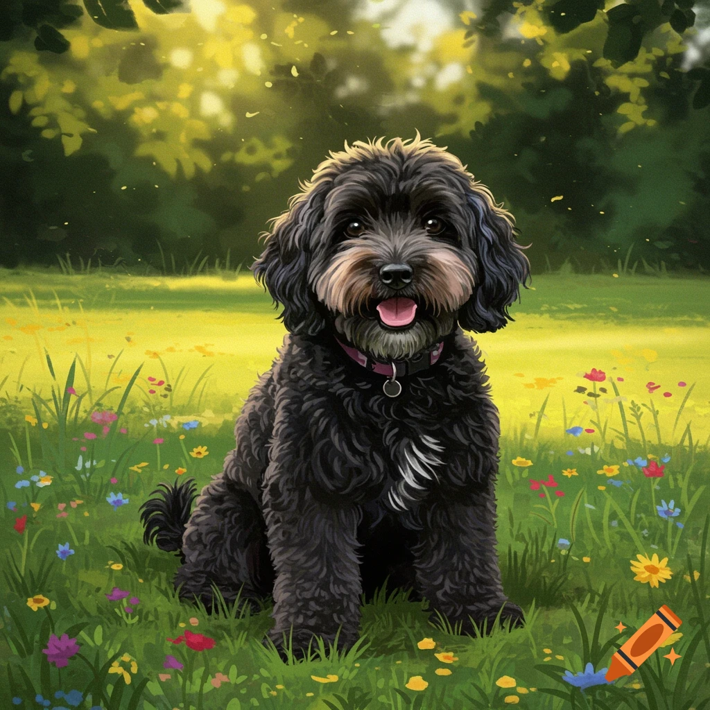 A black cockapoo dog with white hairs on its chest sits in a field of green grass and colorful wildflowers under a sunny sky.