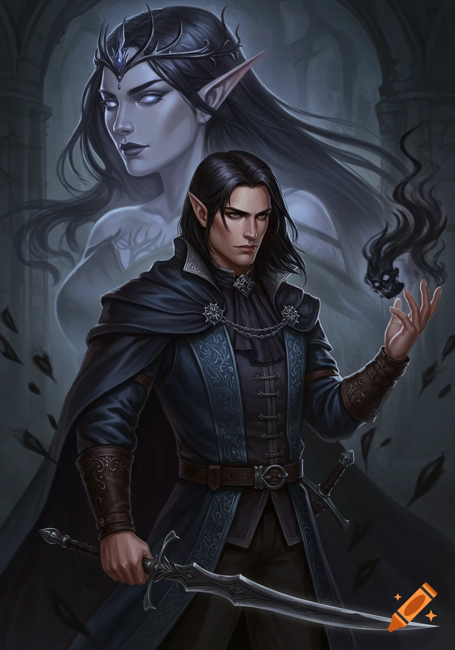 A handsome dark-haired male elf holding a sword, with a transparent female elf figure behind him in a fantasy art style.