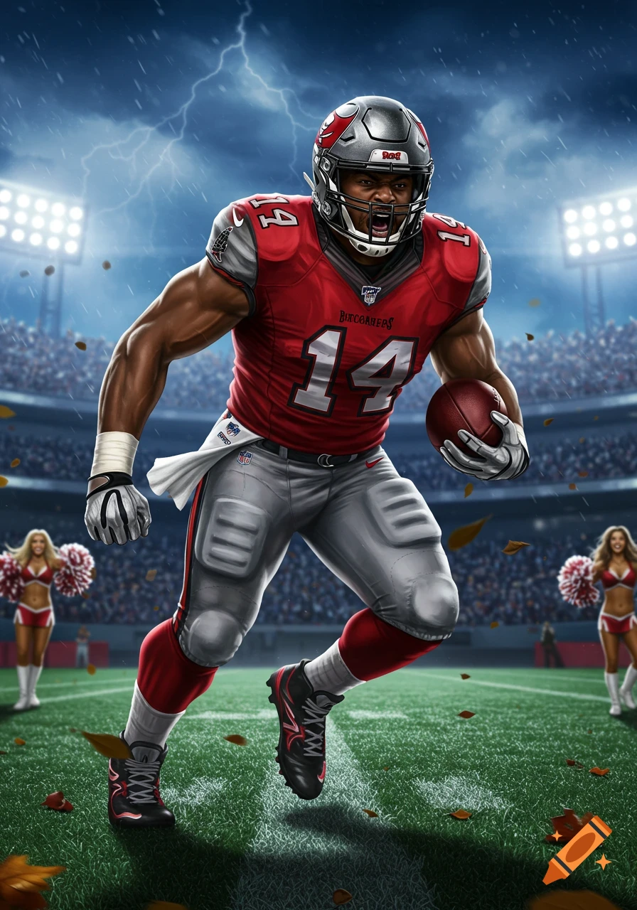 A muscular American football player in a red Buccaneers uniform with number 14 runs on a rainy field during a game, with stadium lights and lightning.