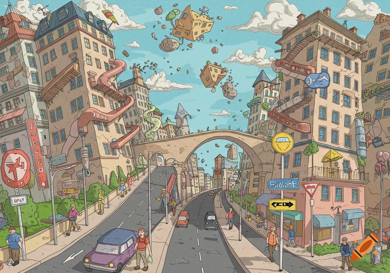 A whimsical cartoon illustration of a cityscape with buildings leaning, connected by unusual slides, and houses floating in the sky. People walk on the streets below a large stone bridge.