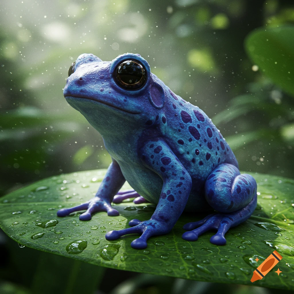A vibrant blue and purple spotted frog sits on a wet green leaf in a lush, luminous setting.