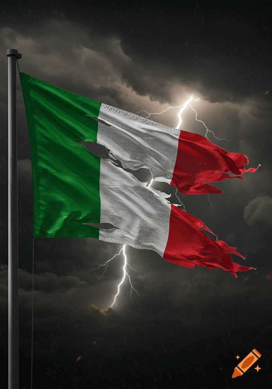A tattered Italian flag flying on a pole under a dark, stormy sky with bright lightning bolts.