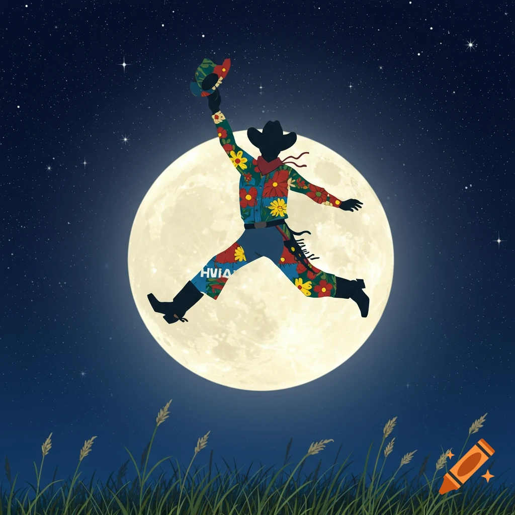 A stylized cowboy silhouette in a floral shirt jumps over a large full moon in a starry night sky above a grassy field.