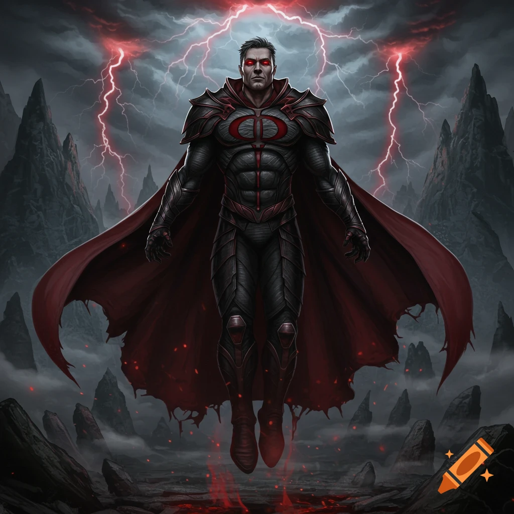 A powerful, dark-clad figure with glowing red eyes and a flowing red cape, levitates amidst a stormy, rocky landscape with red lightning.