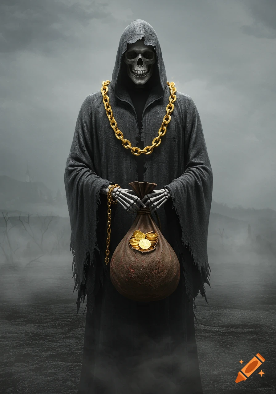 Grim Reaper in a dark hooded cloak wearing a thick gold chain, holding a brown sack filled with gold coins.
