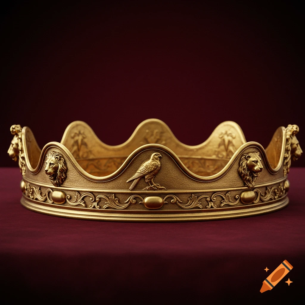 A detailed golden crown adorned with lion heads and a bird emblem, resting on a deep red velvet surface.