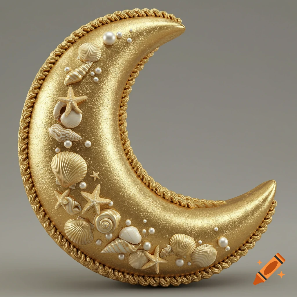 A golden crescent moon is intricately decorated with an assortment of cream-colored seashells, starfish, and pearls, all bordered by a decorative braided trim. The moon stands upright against a plain grey background.