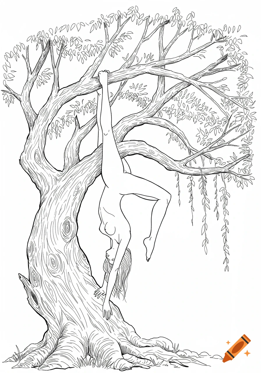 Line art drawing of a nude female figure hanging upside down from a tree branch, her legs wrapped around it and arms dangling.
