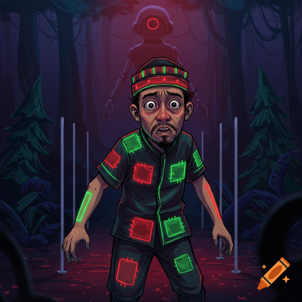 An anguished man with glowing red and green squares on his clothes stands in a dark forest as a shadowy robot looms behind him in a cartoon style.