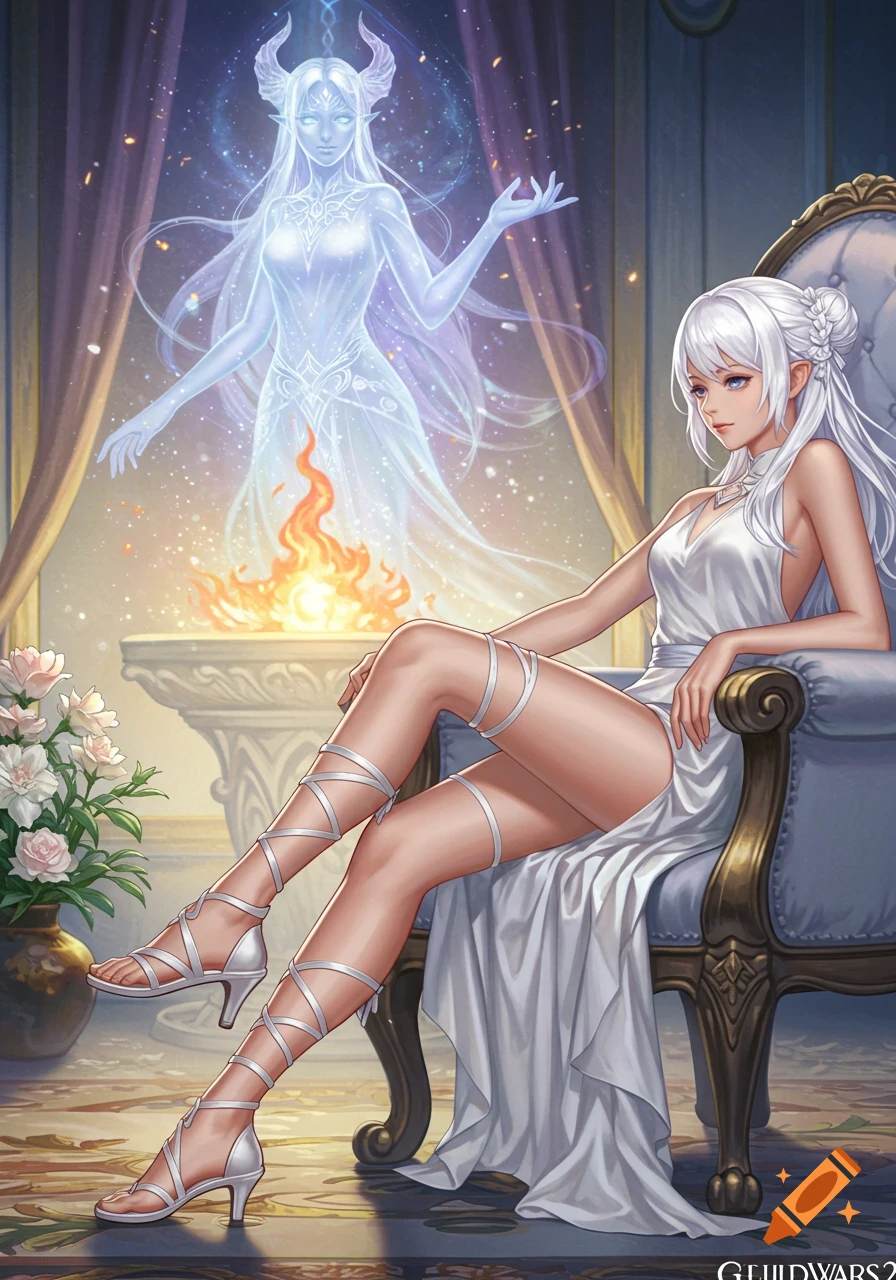 A white-haired woman in a white dress and laced sandals sits elegantly on an ornate chair, with a glowing ethereal figure and a fire behind her.