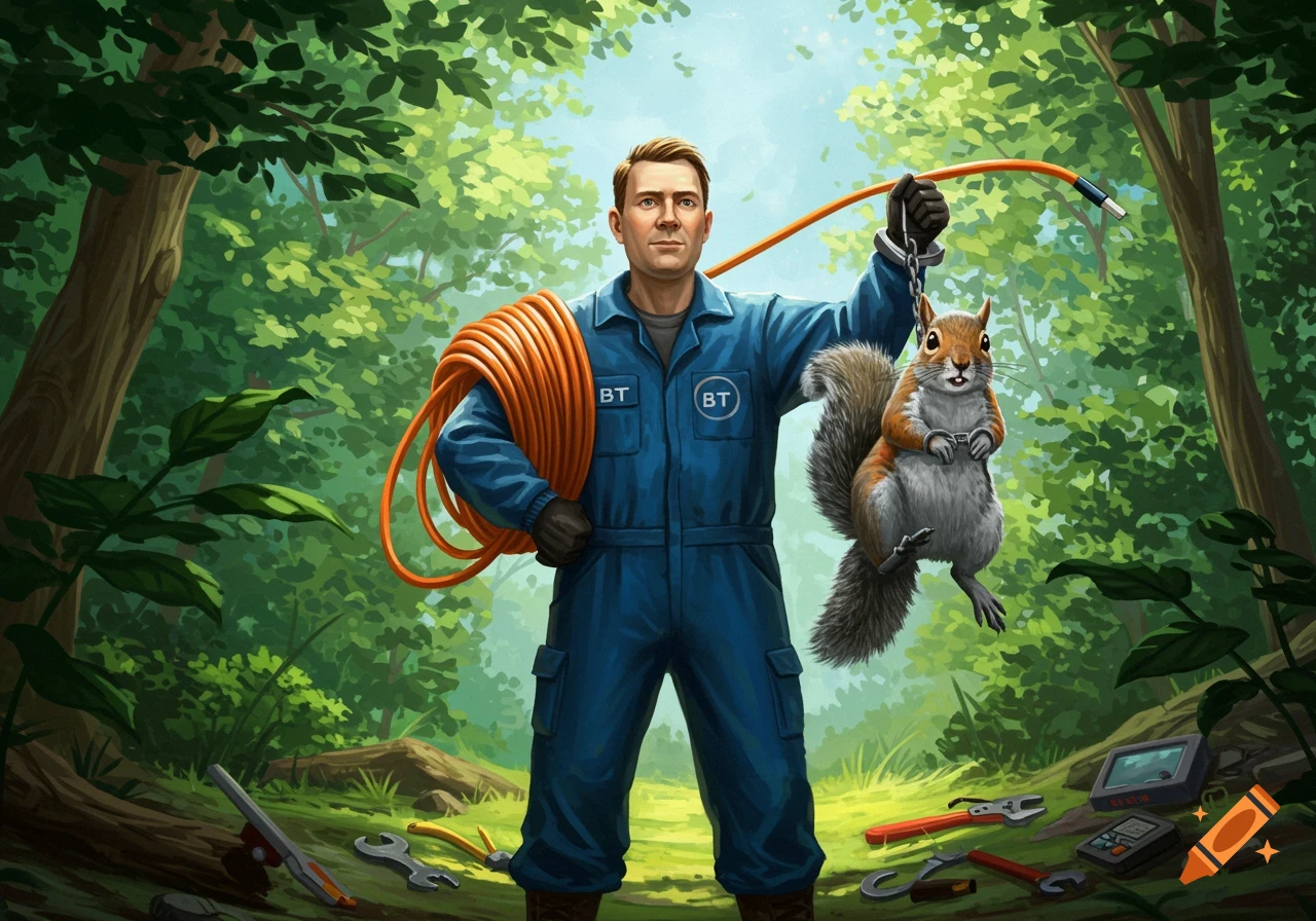 An illustrated man in a blue jumpsuit with "BT" logos holds a long orange cable coil and a squirrel in handcuffs in a forest.