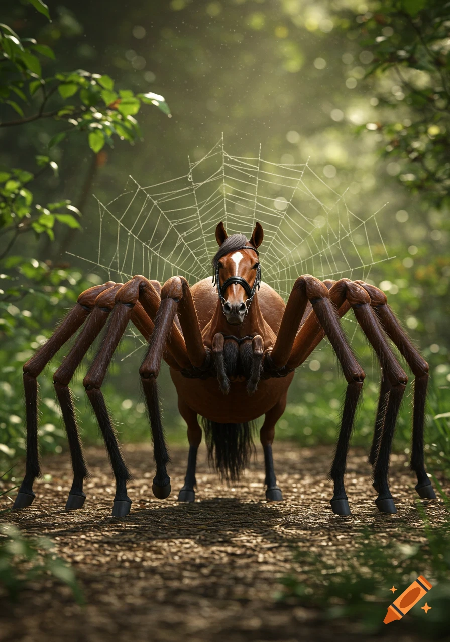 A photorealistic horse-spider hybrid creature with eight legs stands on a forest path with a spiderweb in the background.