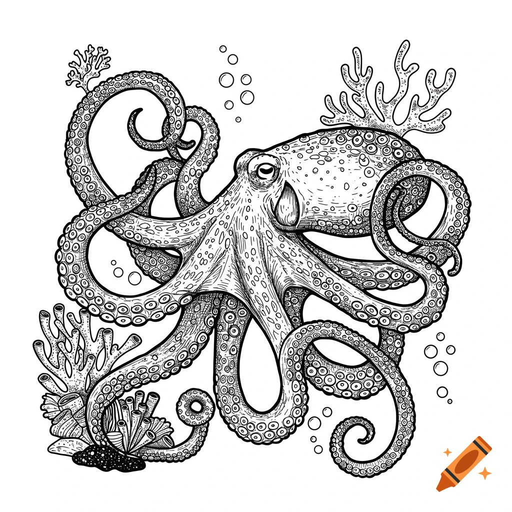 Black and white illustration of an octopus surrounded by coral and bubbles.