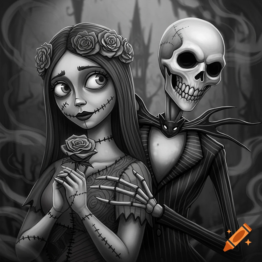 Black and white stylized portrait of Jack Skellington and Sally from Nightmare Before Christmas. Jack, a skeleton, and Sally, a rag doll, hold roses with a gothic background.