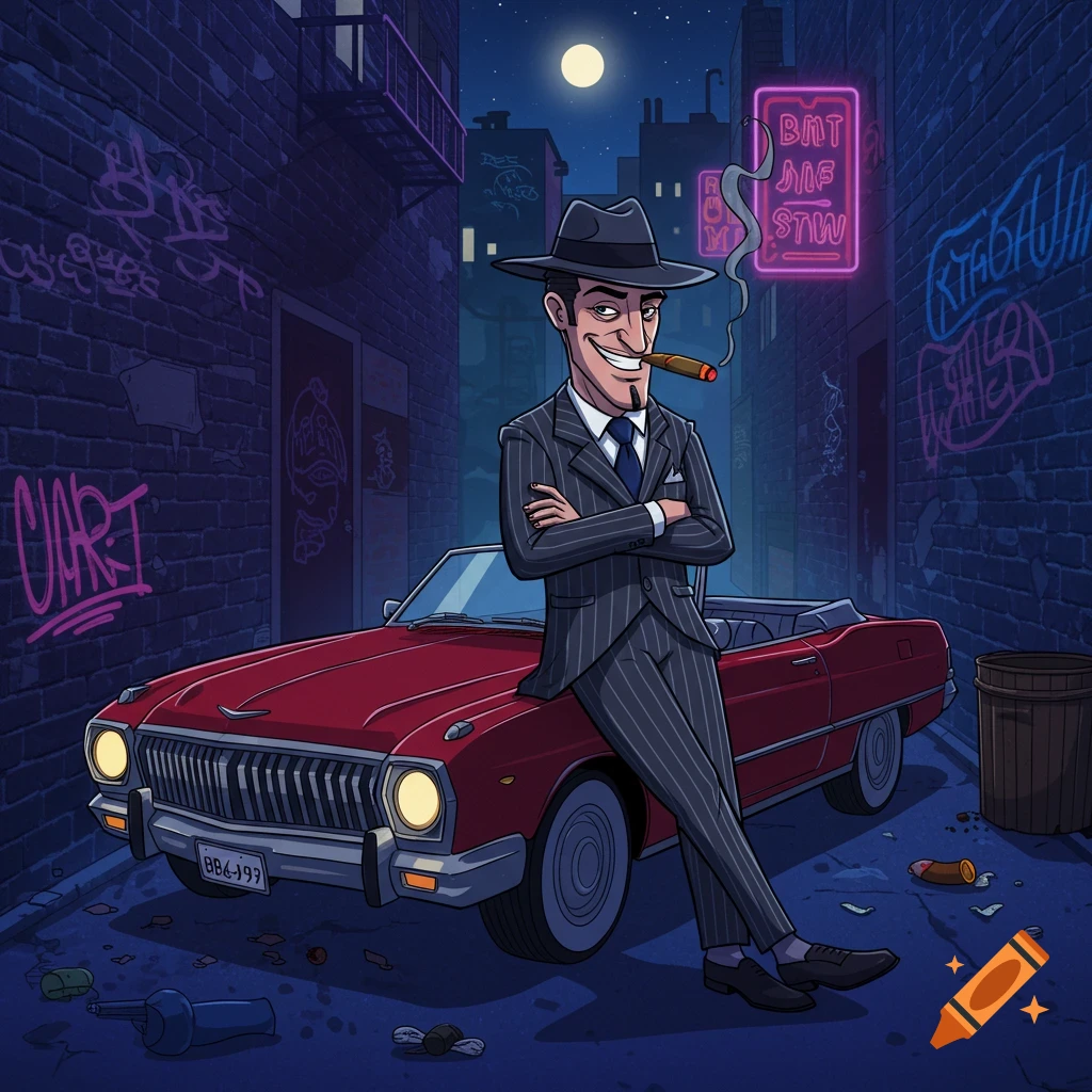 Cartoon gangster in a pinstripe suit and fedora, smoking a cigar and leaning on a red vintage car in a dark city alley at night with neon signs.